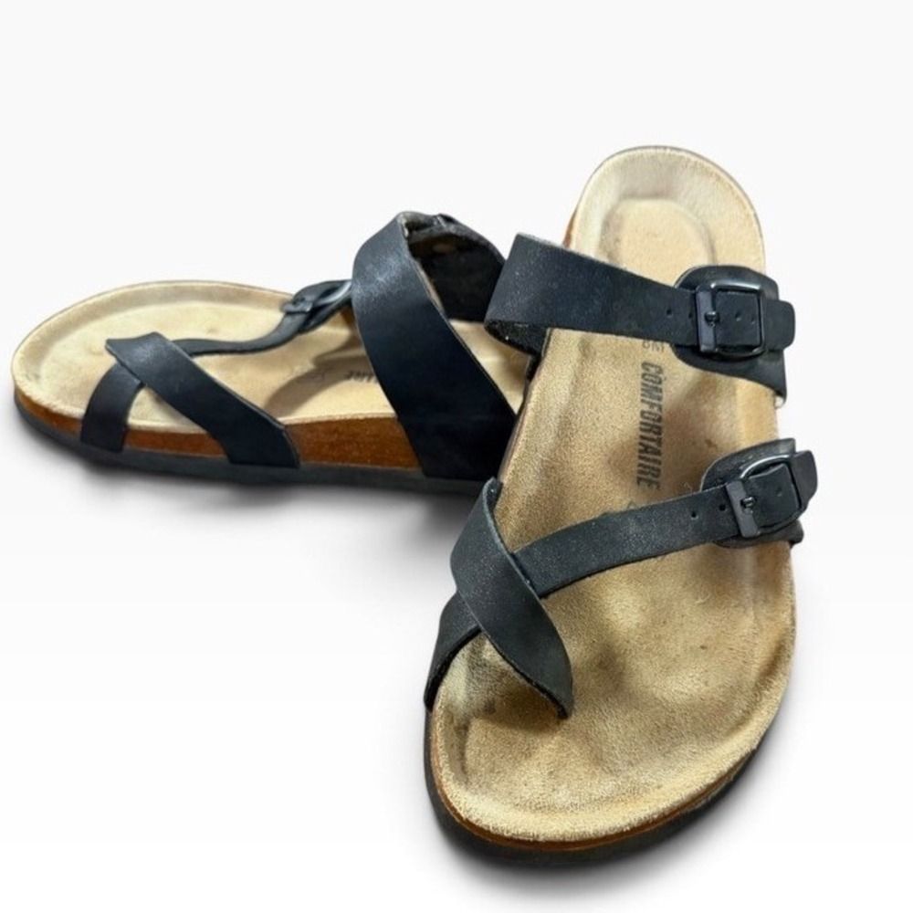 Comfortaire Womens Black Strappy Cork Footbed Sandals Toe Loop Buckle Size 8M
